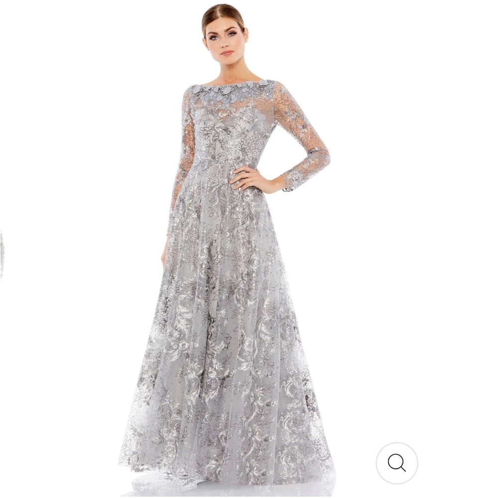 NWT Mac Duggal 67498 Floral Embroidered Illusion Long Sleeve Gown, Sterling